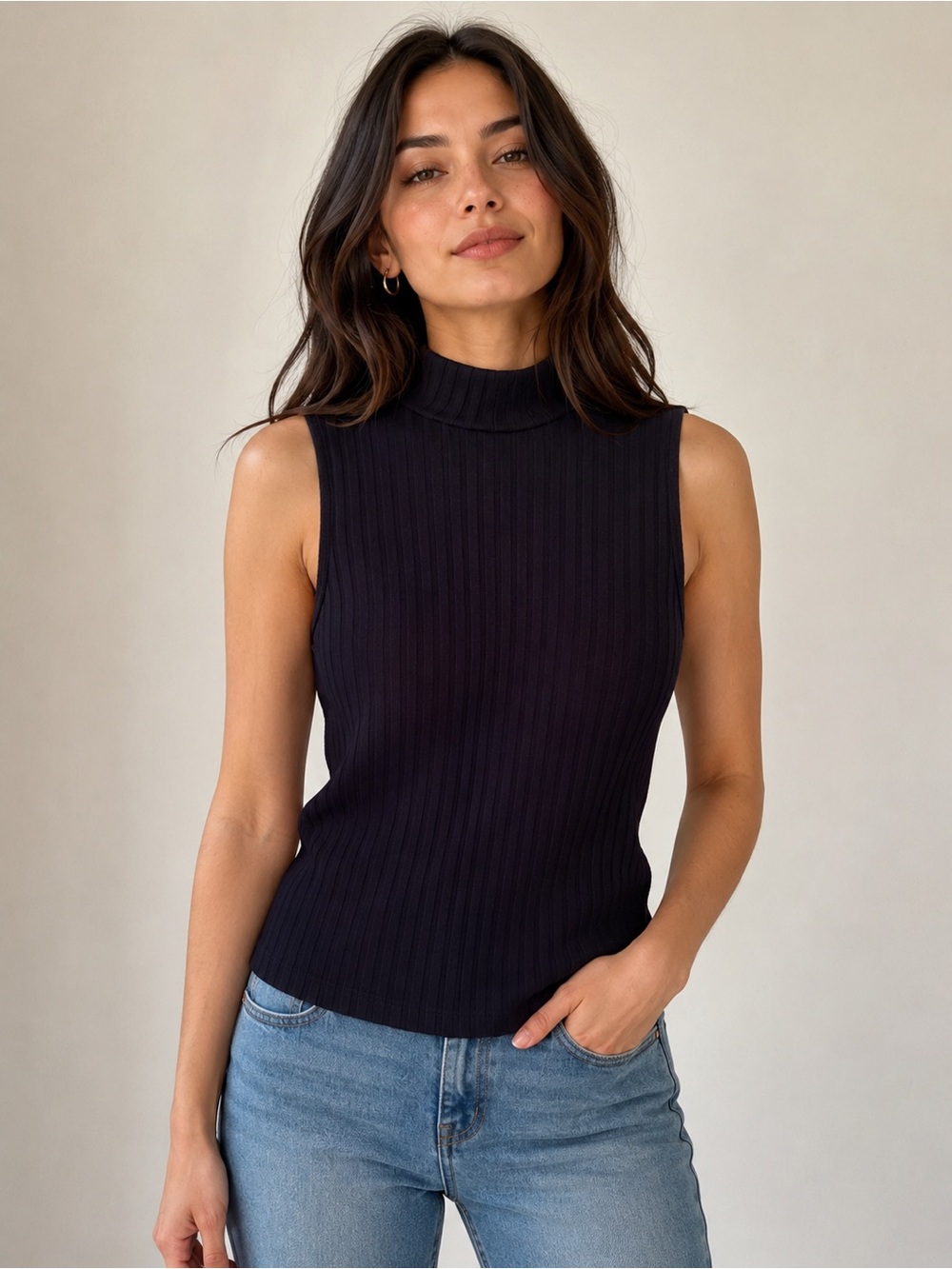 RW&CO. Ribbed Mock Neck Sleeveless Top in Dark Navy